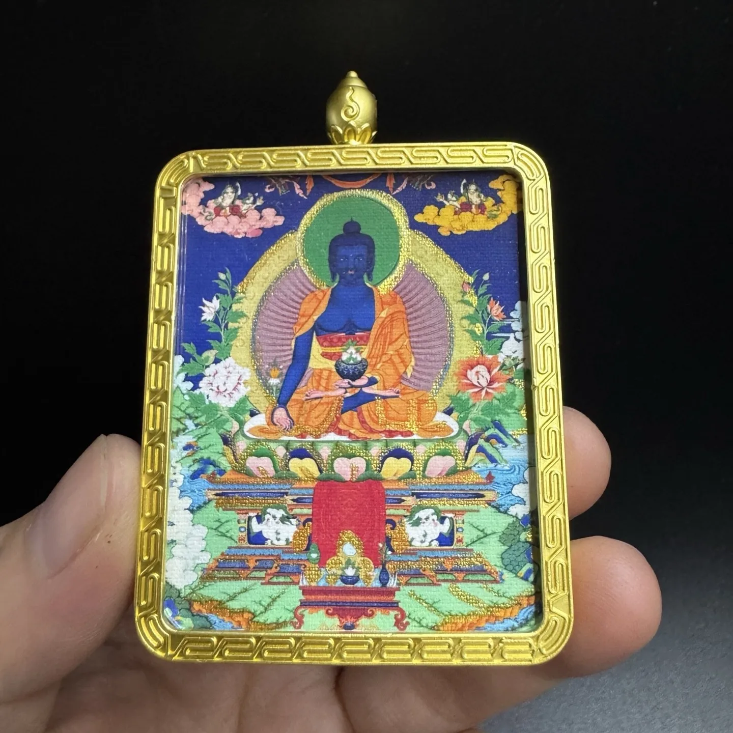 Hotong Nepalese Tibetan Style Small Hand Painted Medicine Buddha Thangka Pendant