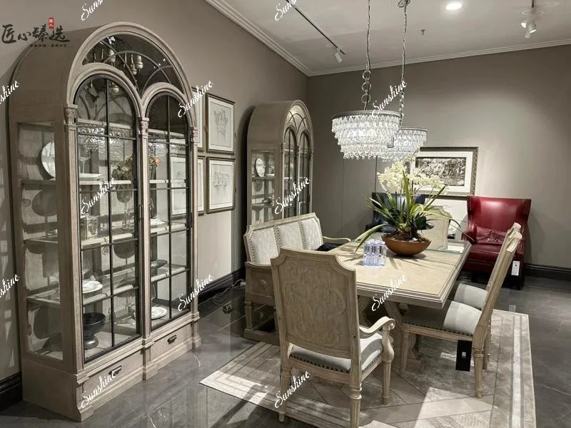 

American light luxury, arched semi-circular wine cabinet, solid wood carved glass side displayP