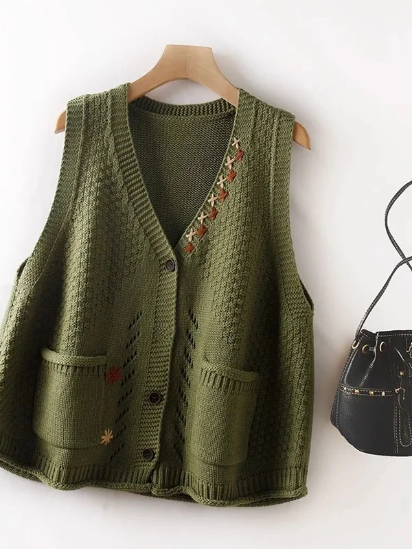 Retro Sleeveless Knitted Sweater Women's V-Neck Vest Spring Summer New Outerwear Cardigan Open Front Color Block Design