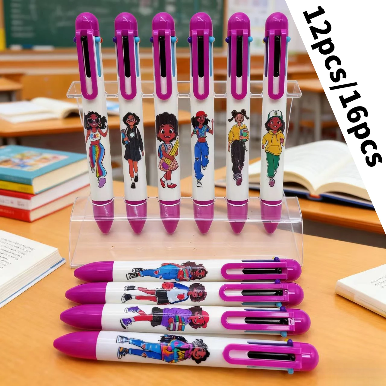 

12pcs/16pcs Black Girl series Ballpoint pens Black Independence Day Press Ballpoint pens back-to-school stationery