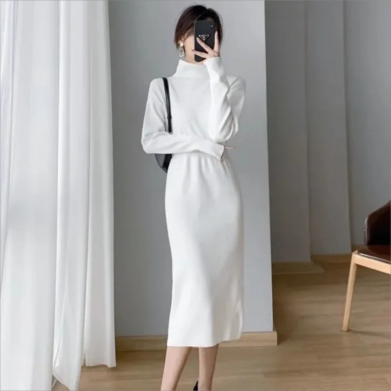 

winter new turtleneck knit skirt over the knee Hong Kong style vintage waist to show slim long sleeves sweater dress woman