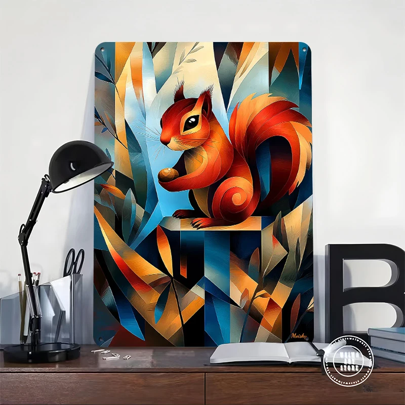 Contemporary Cubist Take on Dürer's Squirrel Poster Customized Vintage Metal Signs Wall Art Retro Tin Plaque for Bar Accessories