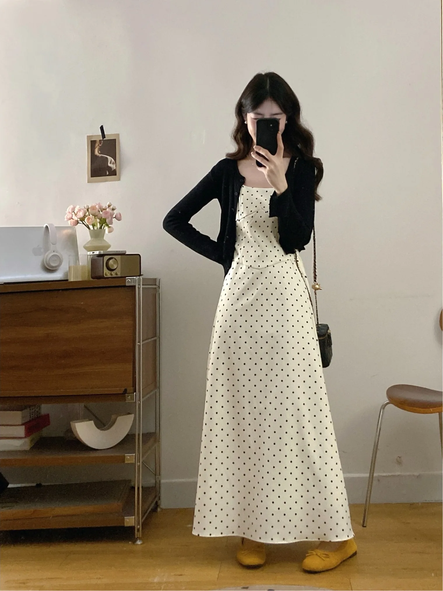 

plus Size Summer Polka Dot Strap Dress Long Sleeve Cardigan Set Women's Korean Style High Waist A-Line Dress Casual Outfit