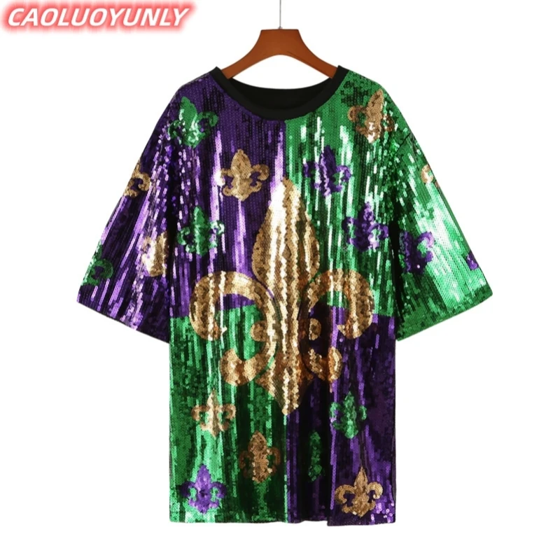 

Summer High Quality Streetwear Geometric Patchwork Short Sleeve Sequins T-Shirt Hip Hop Round Neck Straight Loose Women's Wears