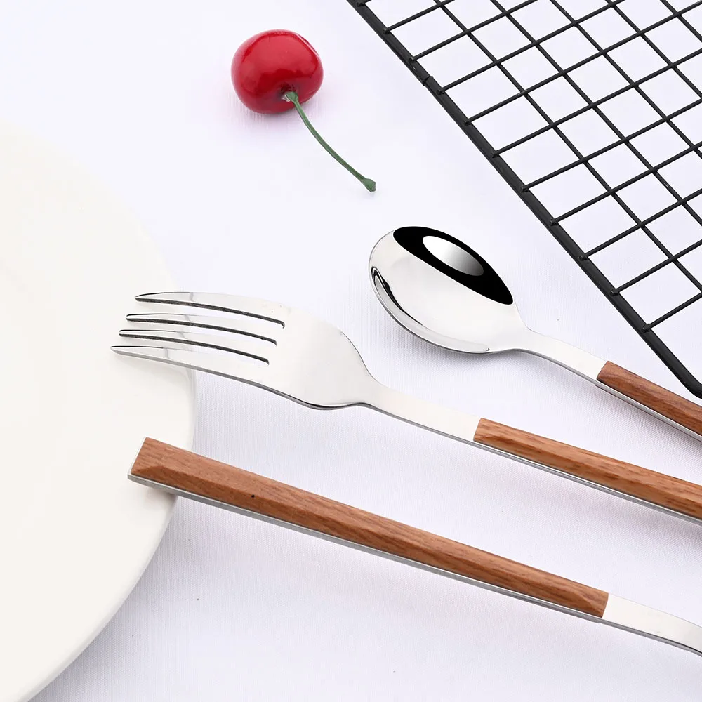 6/30Pcs Stainless Steel Dinner Flatware Imitation Wooden Handle Dinnerware Knife Coffee Spoon Tea Fork Cutlery Set Tableware