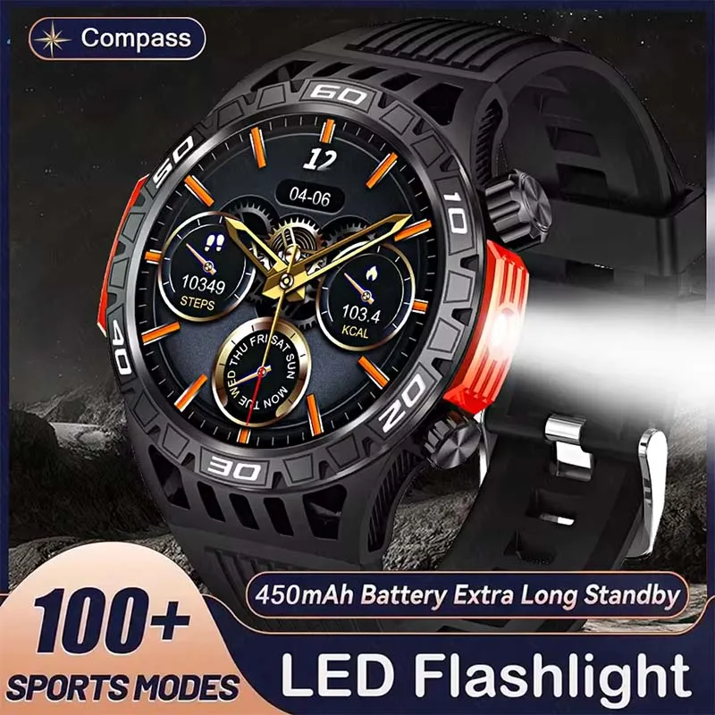 

2024 New Men Compass Smart Watch Outdoor flashlight Sports IP68 Waterproof 450mah large battery Bluetooth Call Sport Smart Watch