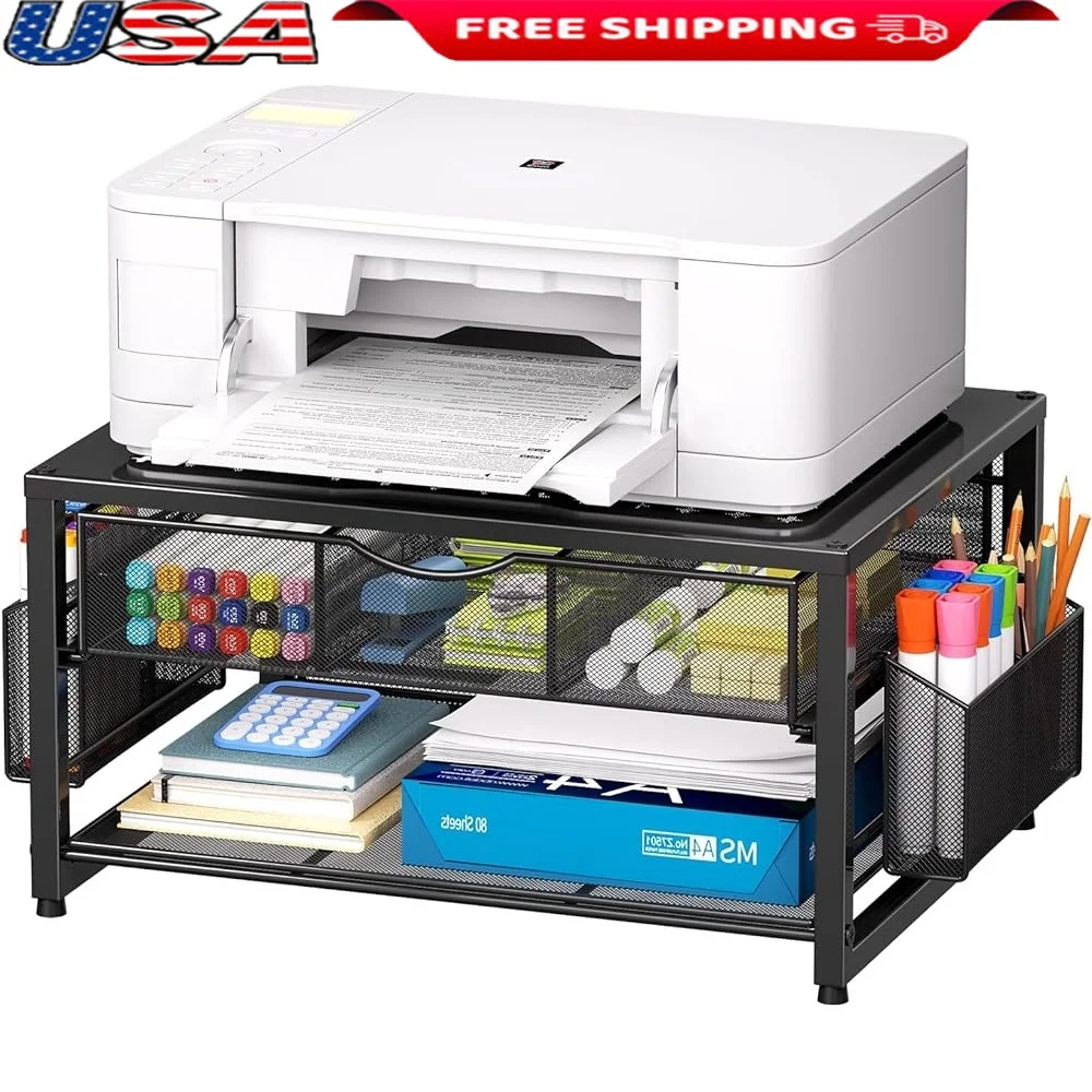 

Metal Printer Stand Organizer with Drawer 2 Pen Holders Multi-Purpose 2-Tier Desktop Storage Home Office Accessories