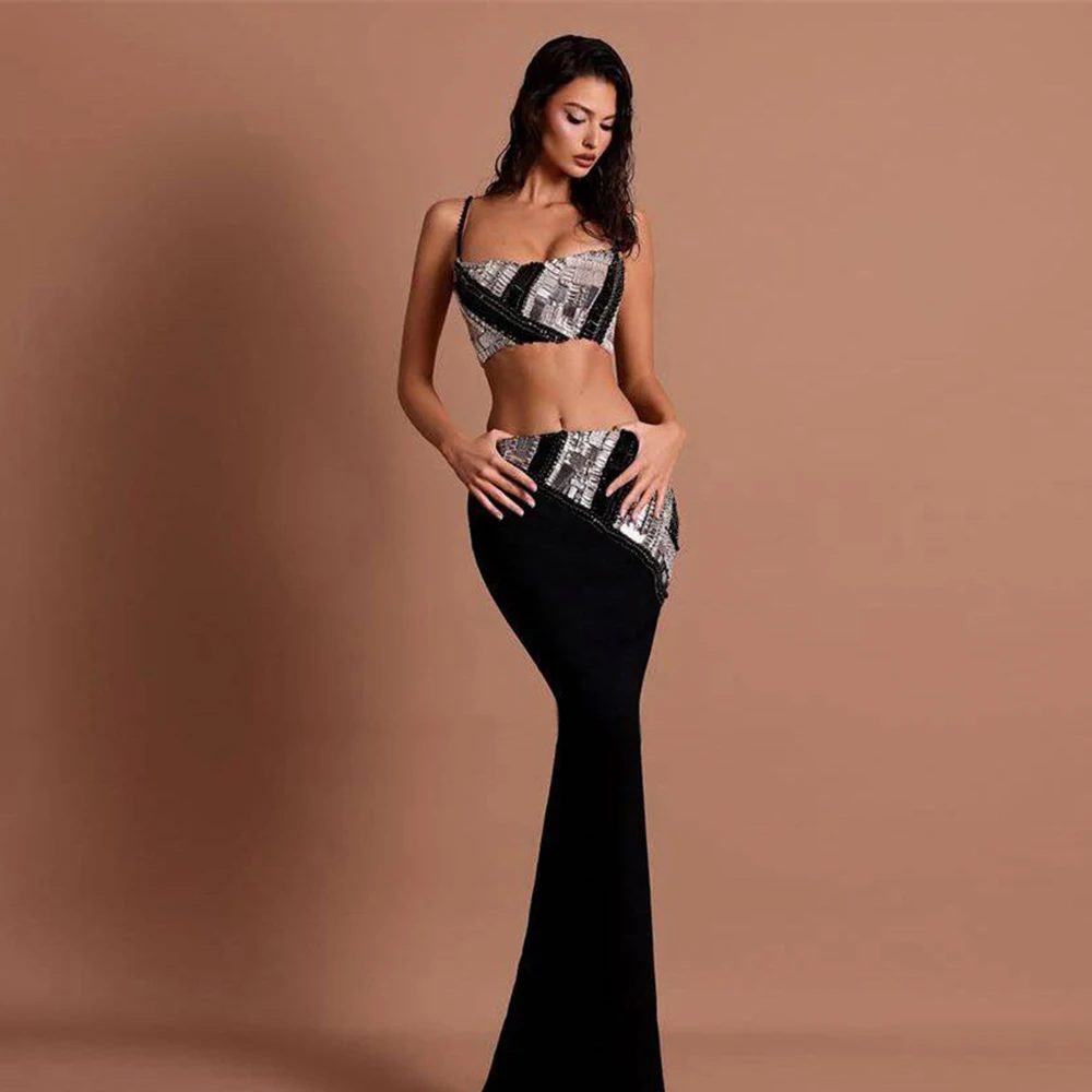 

Luxury Beading Bandage Set Sexy Spaghetti Strap Top & Long Skirt Women Elegant Party Evening Two Pieces Sets