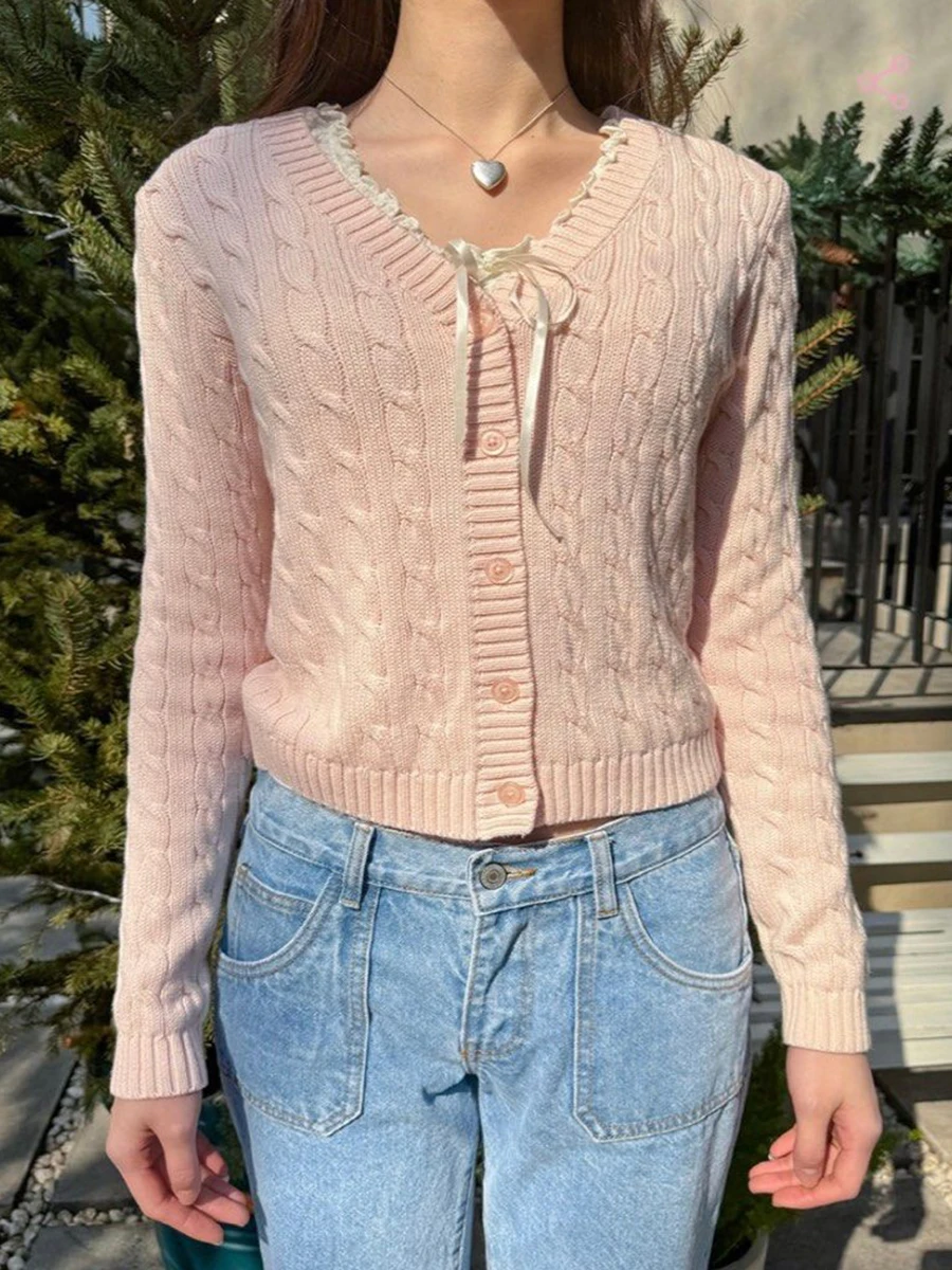 New Pink Twisted Flower Sweater Cardigan Autumn Long Sleeve V-neck Single Breasted Knitcoat Solid Simple Cotton Sweet Sweaters