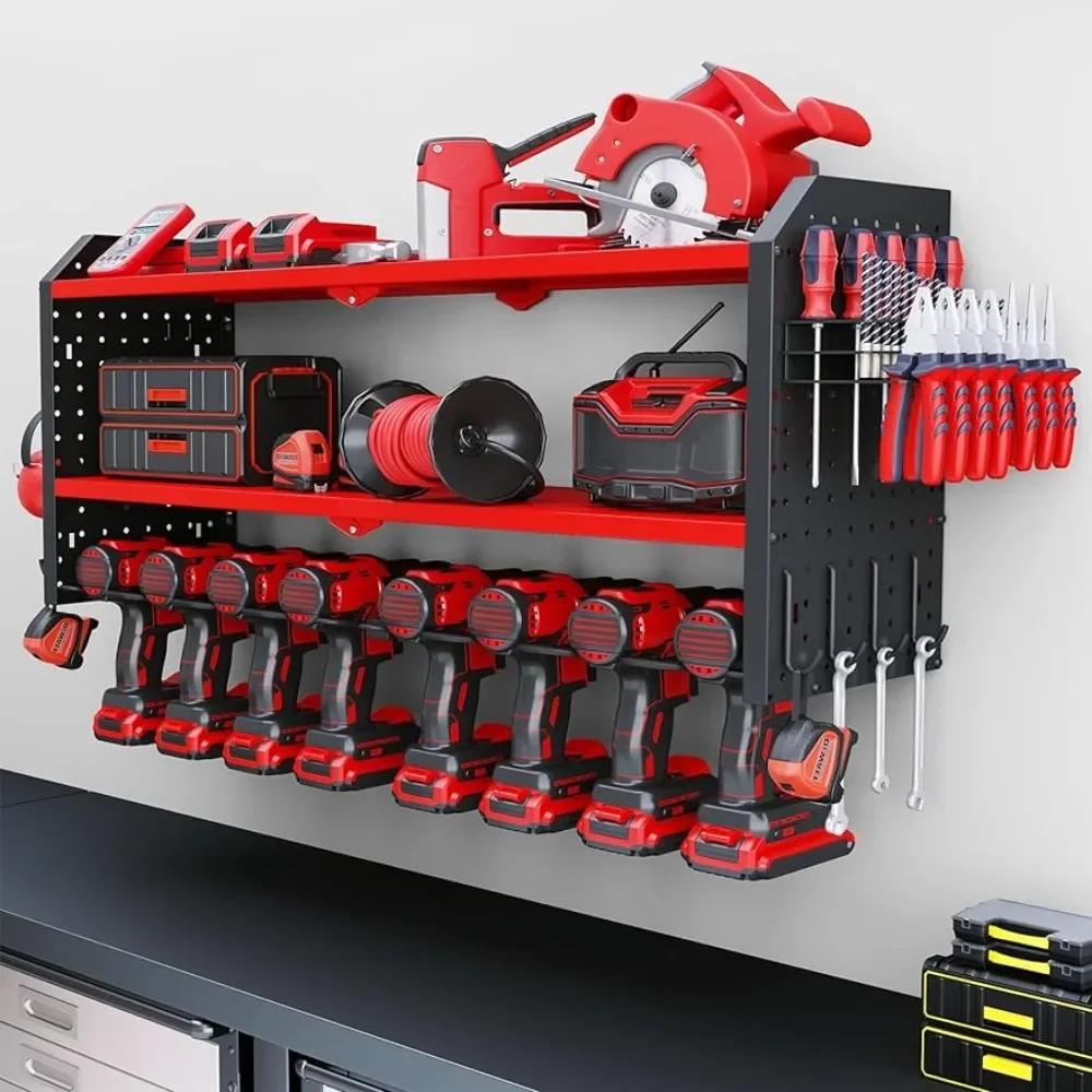 Kit Tools Organizer Storage Rack for Garage Organization Heavy Duty Metal Tool Shelf With 12 Hooks Utility Battery Shelves - Red