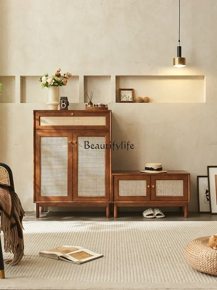 

ls 27Nordic solid wood shoe cabinet Japanese rattan storage locker home door