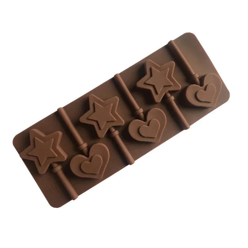 6 Double-layer Love Five-pointed Star Silicone Lollipop Mold Chocolate Candy Chip Mould, Not with Stick