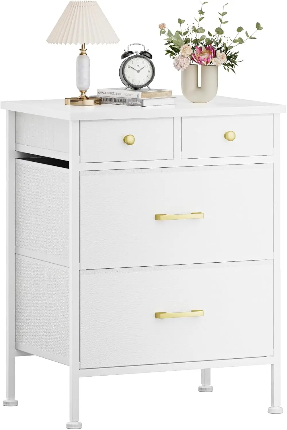 

Bedside Nightstand White 4 Tier Fabric Drawers Small Dresser Leather Finish & Wood Top Bedroom Furniture Storage