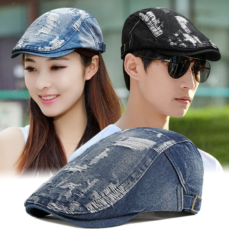 

Hat Men's Spring Summer Leisure Fashion Denim Perforated Beret Korean Fashion Unisex Cool Hat Retro Old Made Forward Hat