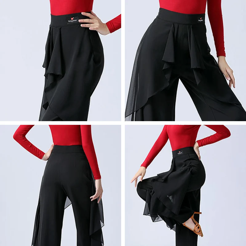 Women Latin Dance Pants Modern Dance High Waist Ruffle Wide Pants Ballroom Tango Samba Trousers Performance Practice Costume