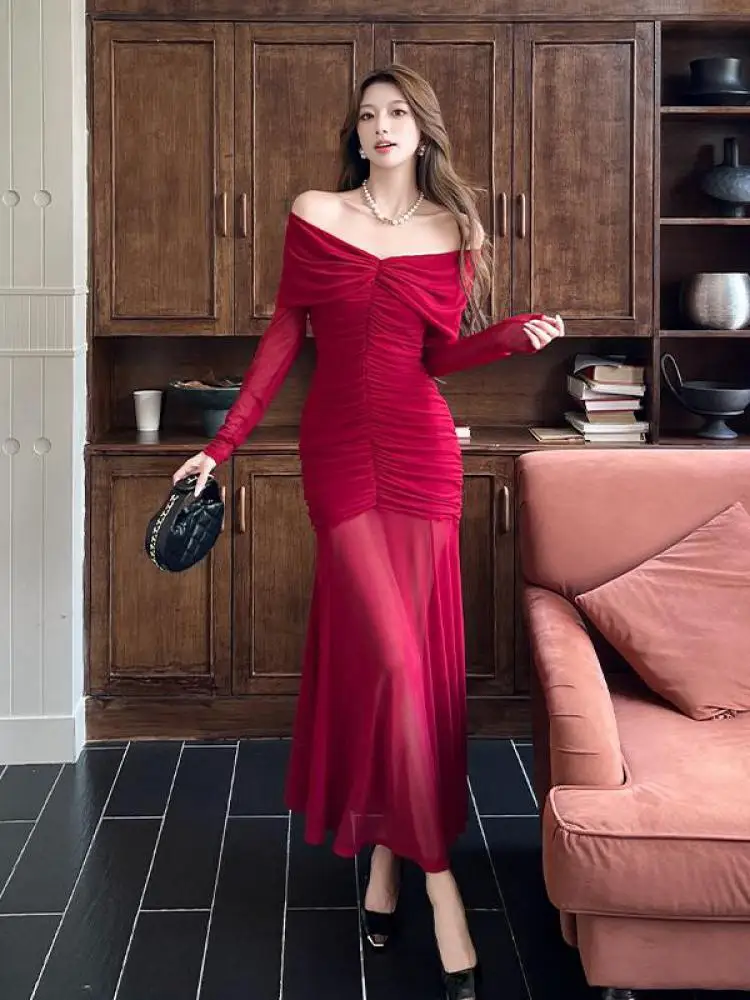 Robe de Club en maille Patchwork noir et rouge, col en V, manches longues, Sexy, élégante, épaules dénudées, vacances, plissée, portefeuille aux hanches, automne