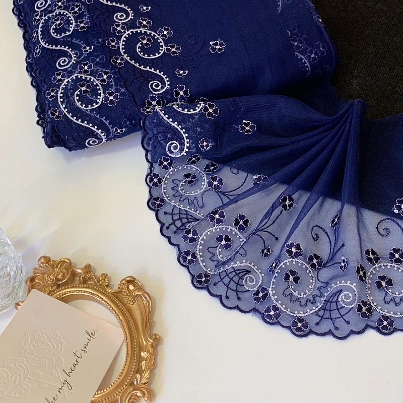 30Yards Embroidered Flower Lace Fabric Dark Blue Trim Party Evening Dresses Curtains Decor Applique Sewing Accessories