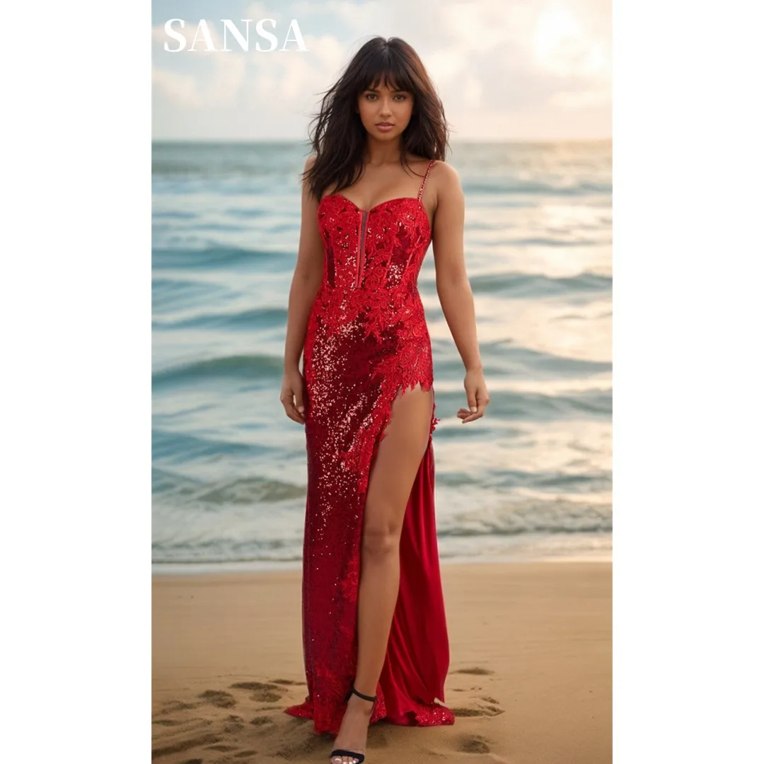 

Sansa Gliiter Sequins Red Mermaid فساتين السهرة Shiny Side High Split Vestidos De Noche Spaghetti Strap Prom Dresses 2024