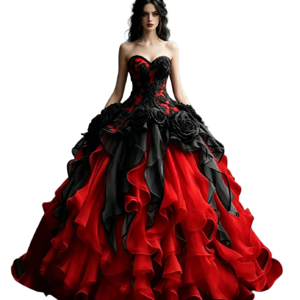 Vintage Red Black Gothic Wedding Dresses 2026 Sweetheart 3D Rose Ball Gown Vampire Bridal Dress Tiered Ruffles Lace Garden Gown