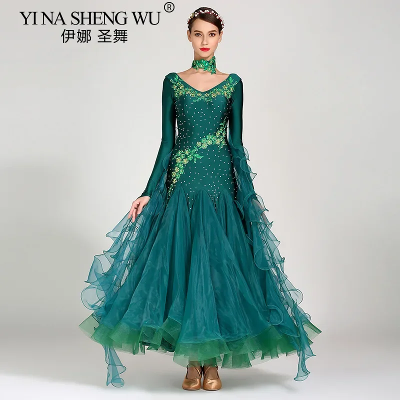 Woman Modern Dance Dress Ballroom Dancing Competition Clothes Waltz Performance V Neck Fluffy Hemline Dress Long Sleeves Dress