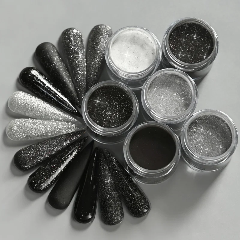 6 قطع لامعة أسود أبيض رمادي بريق الاكريليك مسحوق تراجع مسحوق كاتب كيت الفرنسية مسمار الفن مانيكير صالون لتمديد الأظافر