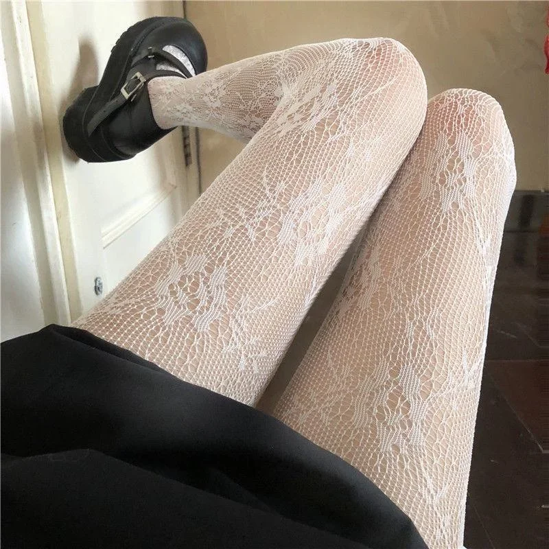 1pair Japanese Lolita Retro Stockings White and Black Hollowed Out Lace Mesh Pantyhose Floral Rattan Bottomed Stockings