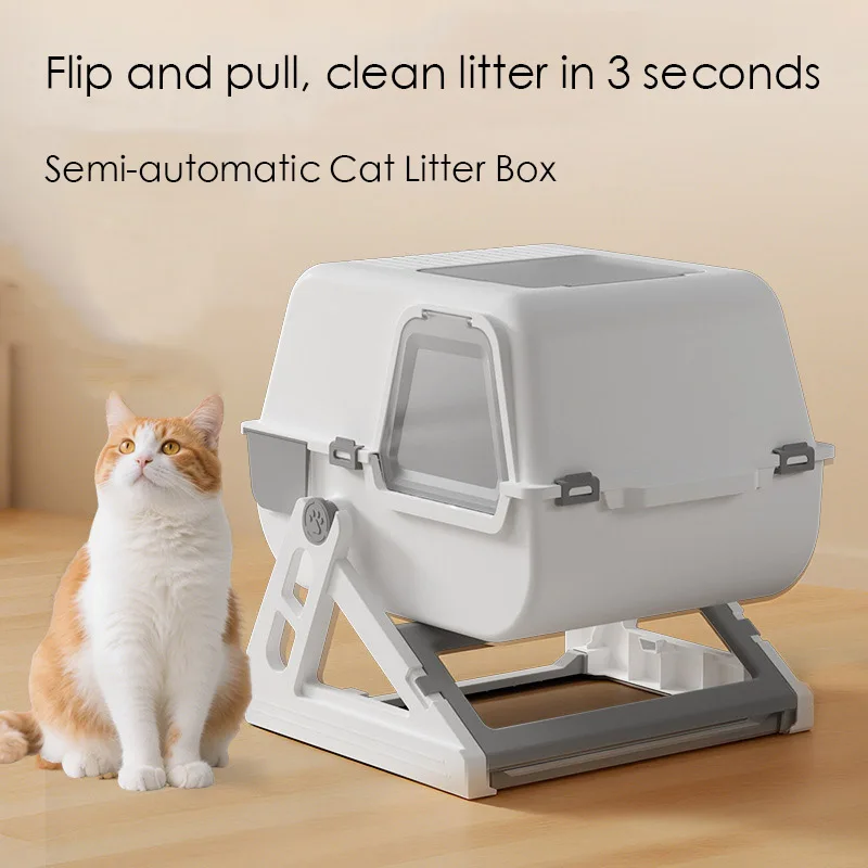 

Semi-Automatic Cat Litter Box, 3-Second Quick Clean Flip & Pull Litter Box with Sieve Tray