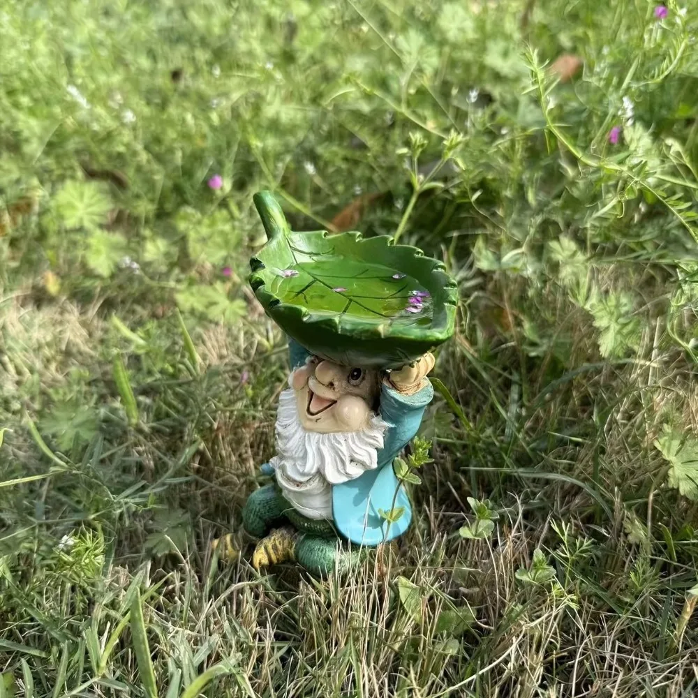 Einzigartige Cartoon-Zwerg-Skulptur aus Kunstharz mit Blättern, Gartenzwerg-Statue, lustige Vogelhäuschen, Gartendekoration