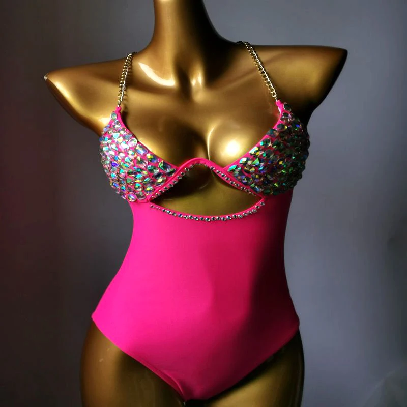 NEW Bikini Set Women Bling Pink Diamante Carnival Swimwear Crystal Panties Rave Festival Swimsuit Burning Man Outfit Club Wear