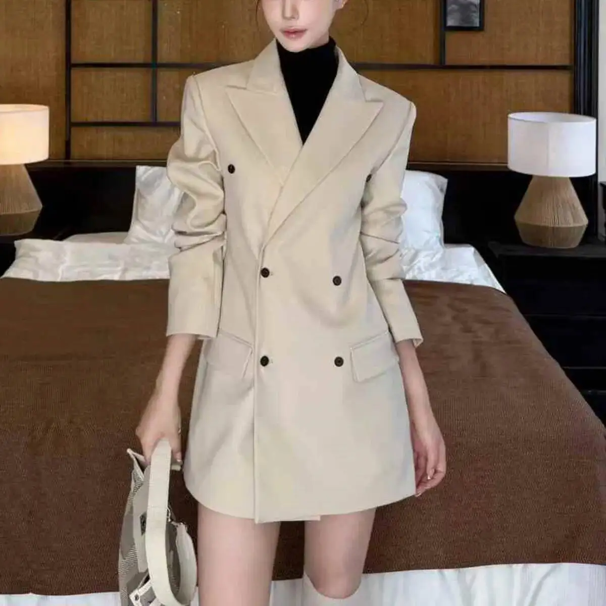 BJTZ Fashion Solid Color Double Breasted Blazer Jacket For Woman 2025 Spring Autumn New Long Sleeve Versatile Female Outwear