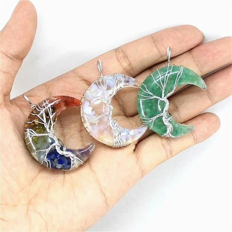 30x45 مللي متر الحجر الطبيعي الراتنج أقمار كريستال المعلقات 7 الشاكرات شجرة الحياة سلك التفاف الهلال الكوارتز الفولاذ المقاوم للصدأ عقد دي اي واي