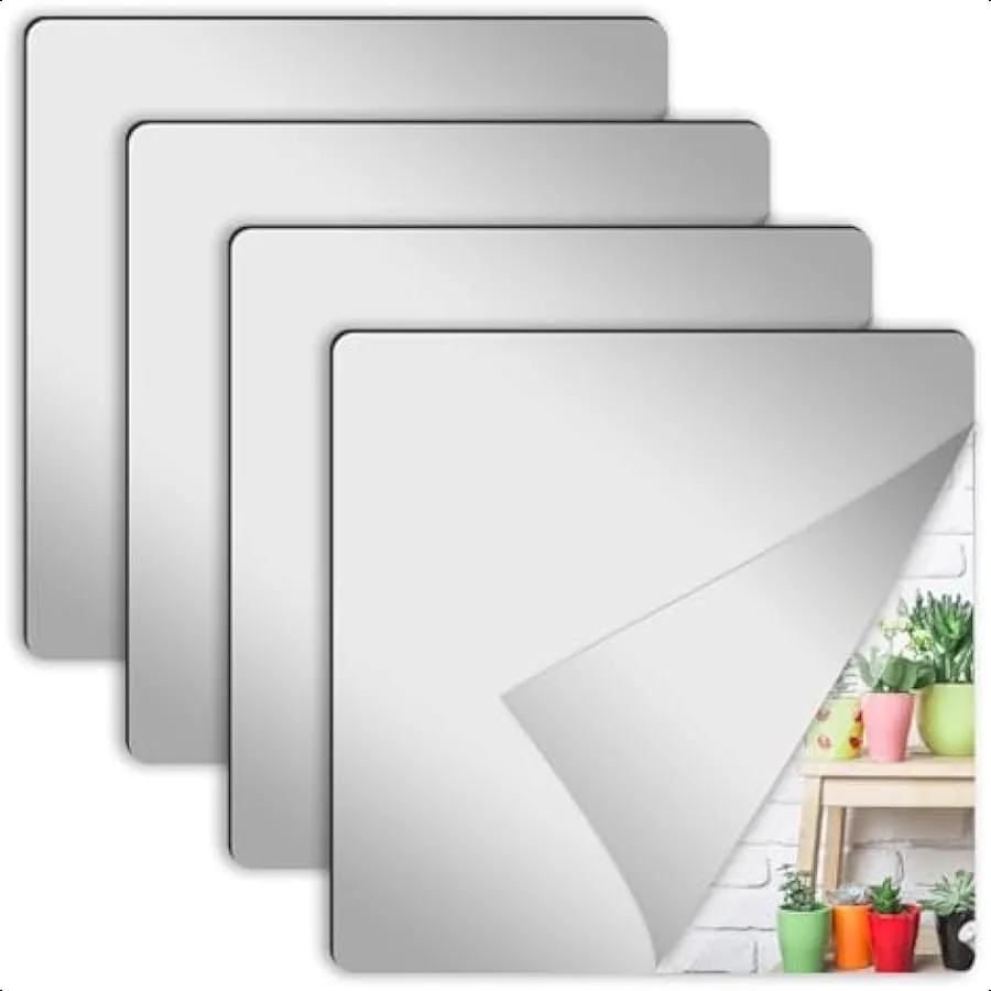 

4 Pcs Wall Mirror Tiles 8 x 8 Inch Self Adhesive Acrylic Square Mirror Flexible Mirror Sheets Wall Stickers Frameless Small Mir