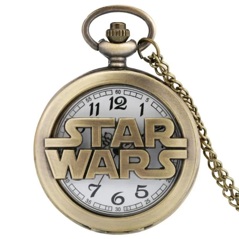 Star Wars Anime Carved Quartz Pocket Watch Roman Numeral Necklace Pendant Gift for Women Man with Fob Antique Chain Clock Chain