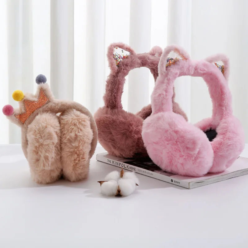 Cartoon Flowing Sands Cat Ears for Autumn and Winter Warmth Plush Windproof Cute Folding Earmuffs