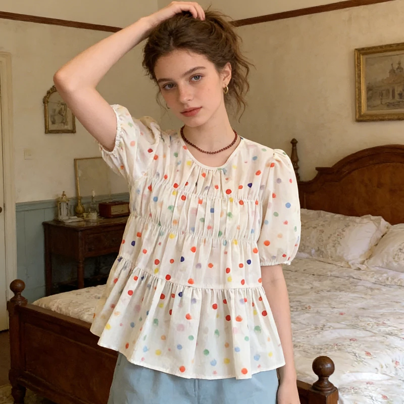 

2026 Summer Casual Loose Women's Blouses Sweet Polka Dot Tiered Top Round Neck Puff Sleeve Ruffle Hem French Style Blouse