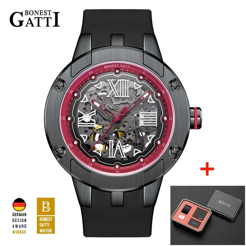 

BONEST GATTI Automatic Mechanical Movement Watch Waterproof Skeleton Stainless Steel Watchcase Rubber Strap Watches For Men