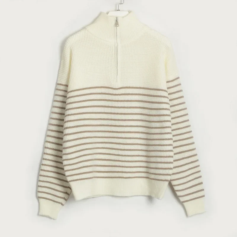 Half Zip Polo Sweater Woman Oversized Striped Sweater Pullover Knitted Coat Winter Autumn Vintage Knitwear