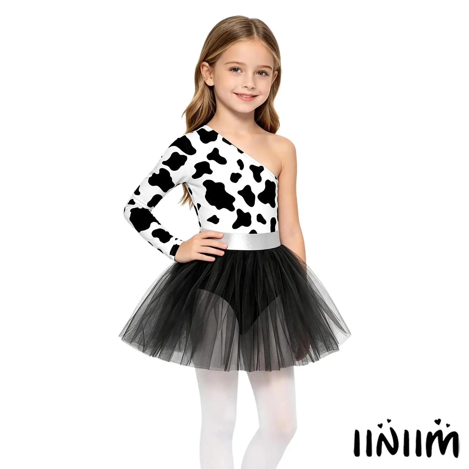 Disfraz de Hombre de las Cavernas de un Solo Hombro para Niñas, Vestido de Tul de Manga Larga con Estampado Metálico en la Cintura para Halloween, Princesas y Espectáculos de Ballet