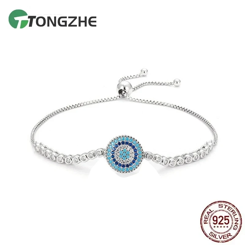 

TONGZHE 100% 925 Sterling Silver Lucky Round Blue Evil Eyes Power Tennis Bracelet Pave CZ Adjustable Box Chain Fine Jewelry