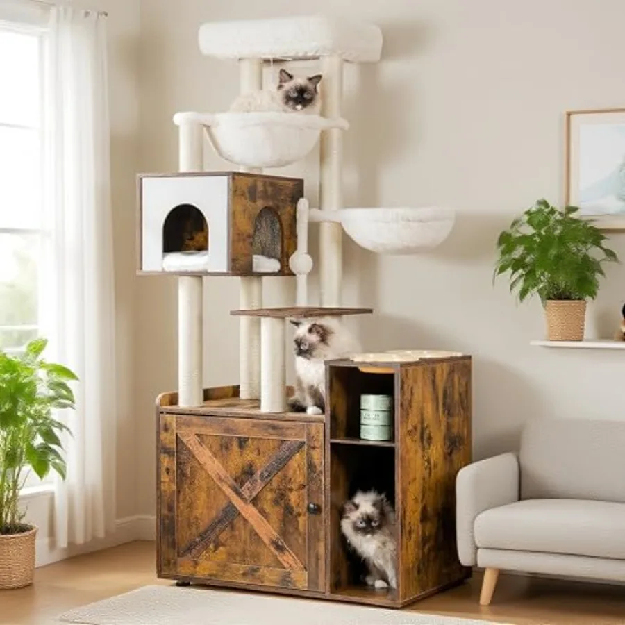 

Cat Tree with Litter Box Enclosure Modern Cat Tower for Indoor Cats with Large Platform Condo Food Station and 2 Hammocks All-i