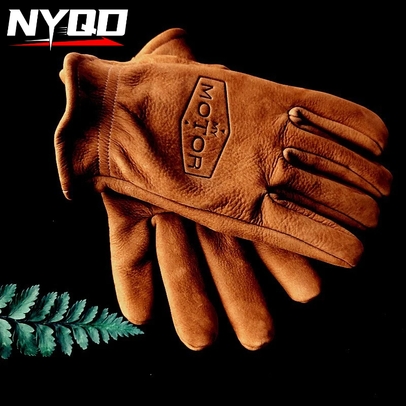 Retro Motorcycle Gloves Frosted First-layer Cowhide Men's and Women's Motorcycle Wear-resistant Warm Camping Gloves