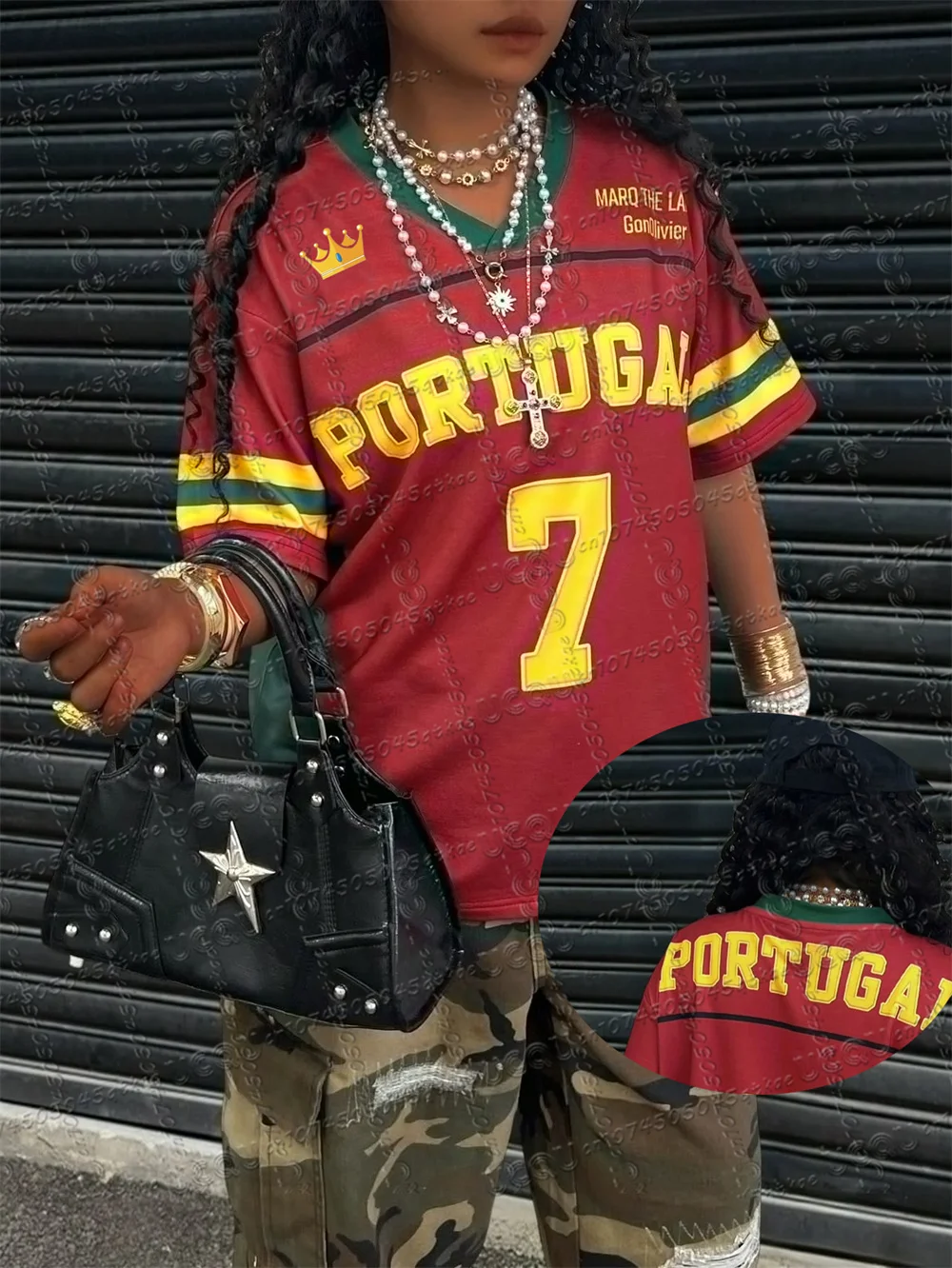 Camiseta de Jersey de Color contrastante para mujer, Top versátil holgado de manga corta con estampado de letras PORTUGAL y cuello en V, moda urbana de verano