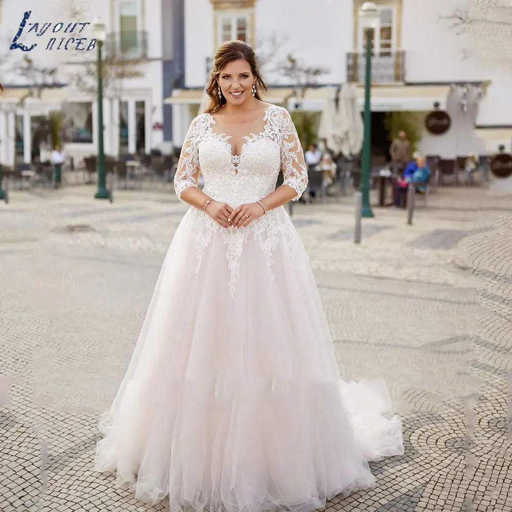 LAYOUT NICEB Classic Plus Size Women Wedding Dress 2024 Romantic O-Neck Three Quarter Sleeves Bride Gowns A-Line Robe De Mariée