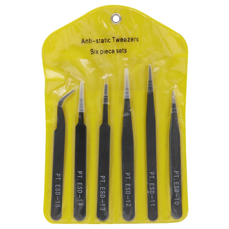 6pcs Anti-static ESD Stainless Steel Tweezers Maintenance Tools Industrial  Curved Straight Tweezers Repair Tools