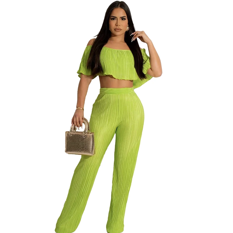 

2 Piece Set African Clothes Women Slash Neck Crop Tops Pants Suit Summer New Solid Pleated Fashion Sexy African Outfits Clothing