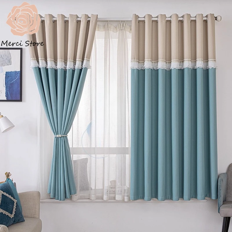 

Chinese Style Nordic Simple Curtains for Bedroom Living Room Window Solid Color Splicing Blackout Sunshade Ready-Made Drapes