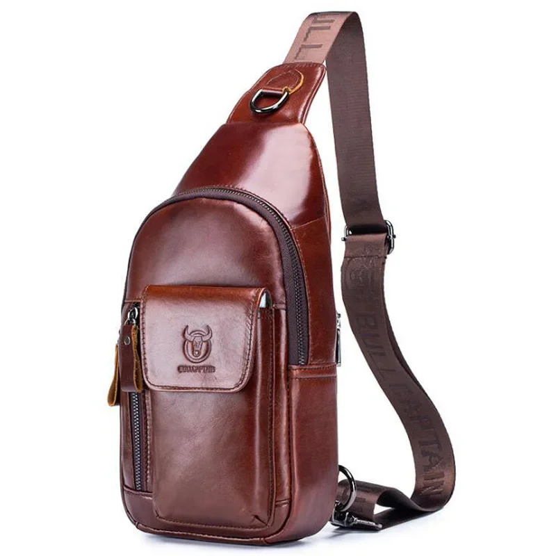 BULLCAPTAIN 2024 New Fashion Genuine Leather Crossbody Bags for Men Messenger Chest Bag Packs Travel Single Shoulder Strap Pack