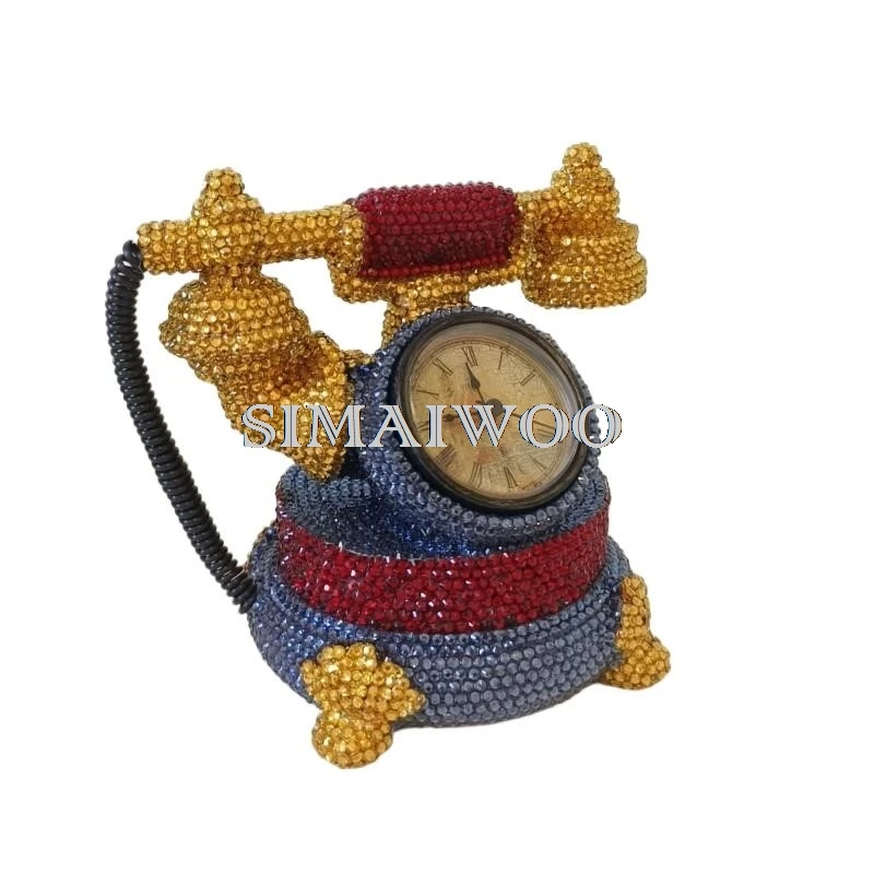 Rhinestone Retro Telephone Statue Mosaic Emboidery Clock DIY Handmade Coin Storage Bling-bling Decorative Gift Crystal Gift