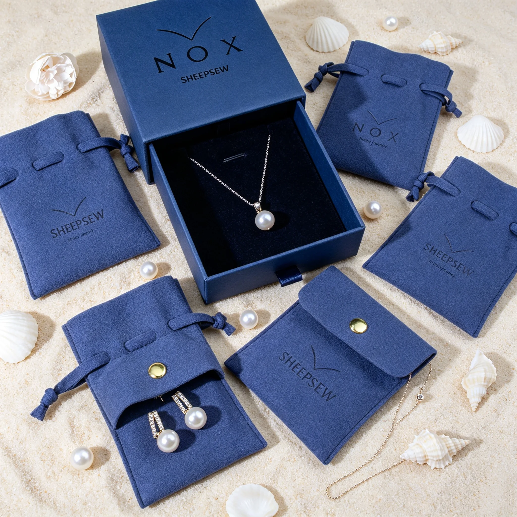 SheepSew Luxury Deep Blue Microfiber Suede Jewelry Box Pouch Combo Custom Printed Logo WeddBag For Ring Necklace Earring Pearl J