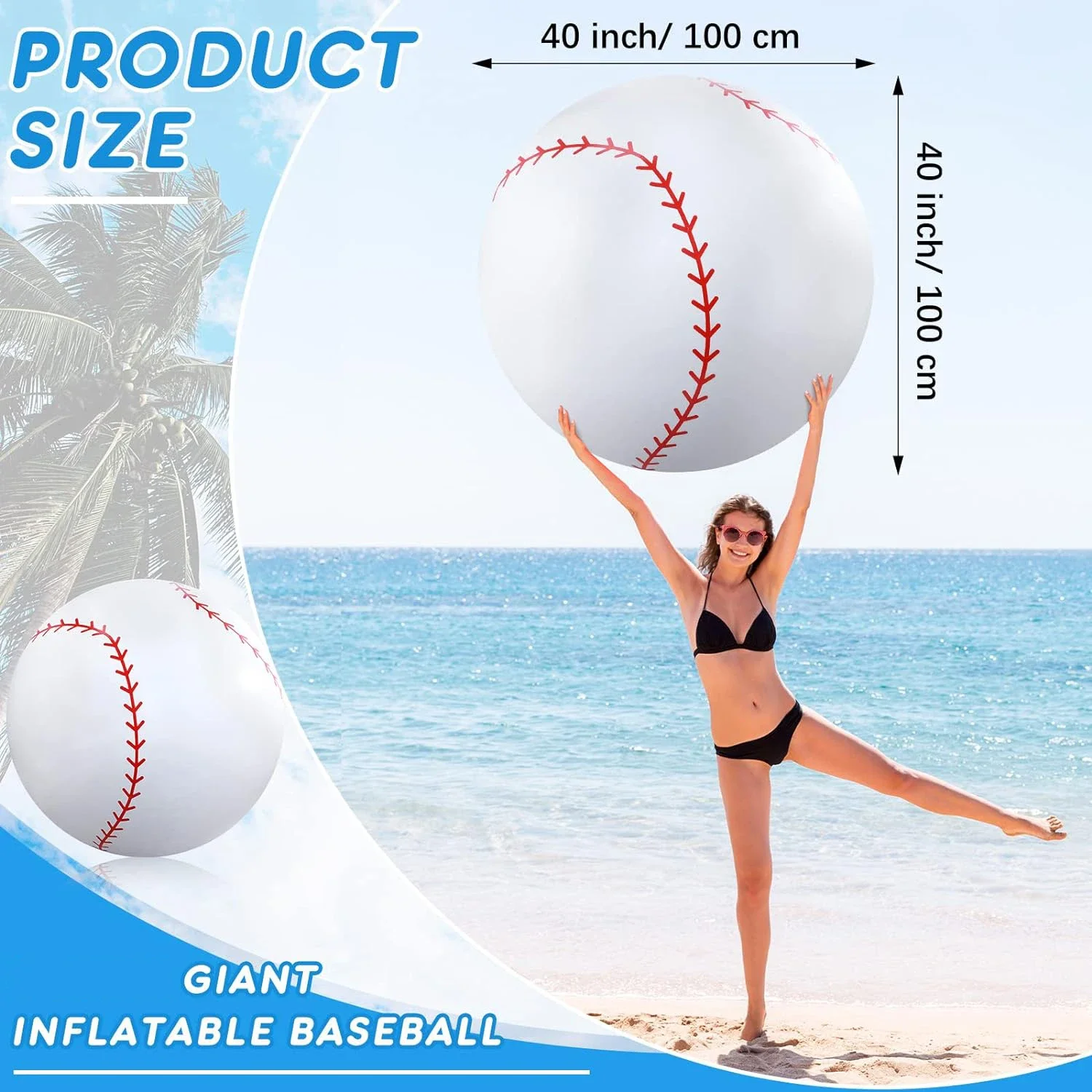 Giant Inflatable Beach Balls 40 Inch Large Baseball PVC Blow up Float Toy for Summer Beach Swimming Pool Accessorry Party Favor